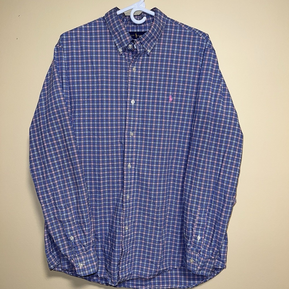 Ralph Lauren Button Down Shirt Men's Classic Fit Long Sleeves Sz XL Pink Blue